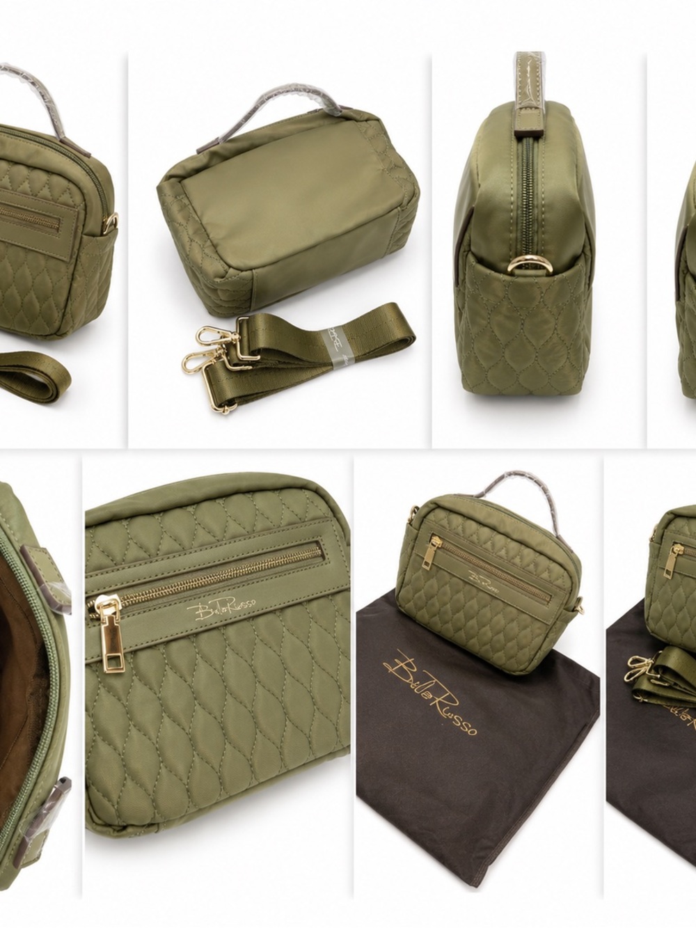 Bea Russo Olive Quilted Crossbody Bag with Gold Hardware